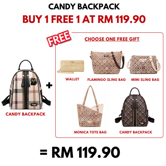 CANDY BACKPACK - CHECKER BZ, BEIGE (SPECIAL EDITION, CAT BADGE)